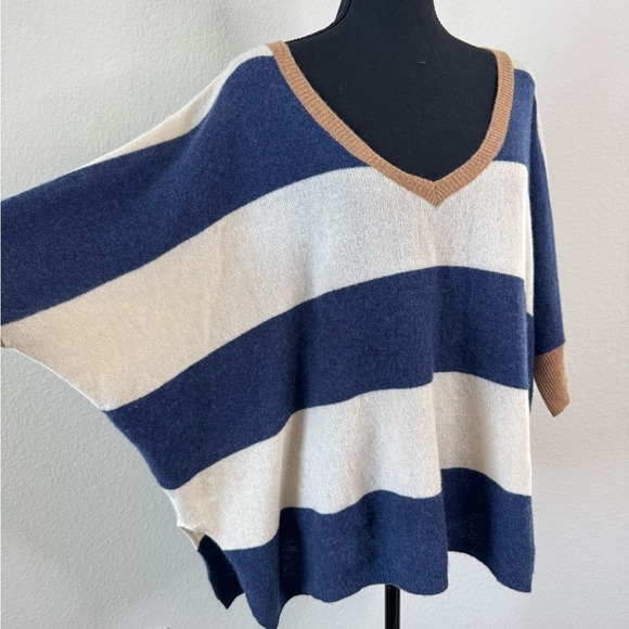 MINNIE ROSE 100% Cashmere XS/S Short Dolman Sleeve Striped Oversized Sweater - Picture 2 of 8